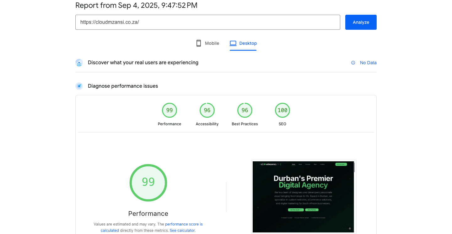 Google PageSpeed Insights showing 95+ scores across Performance, Accessibility, Best Practices, and SEO categories
